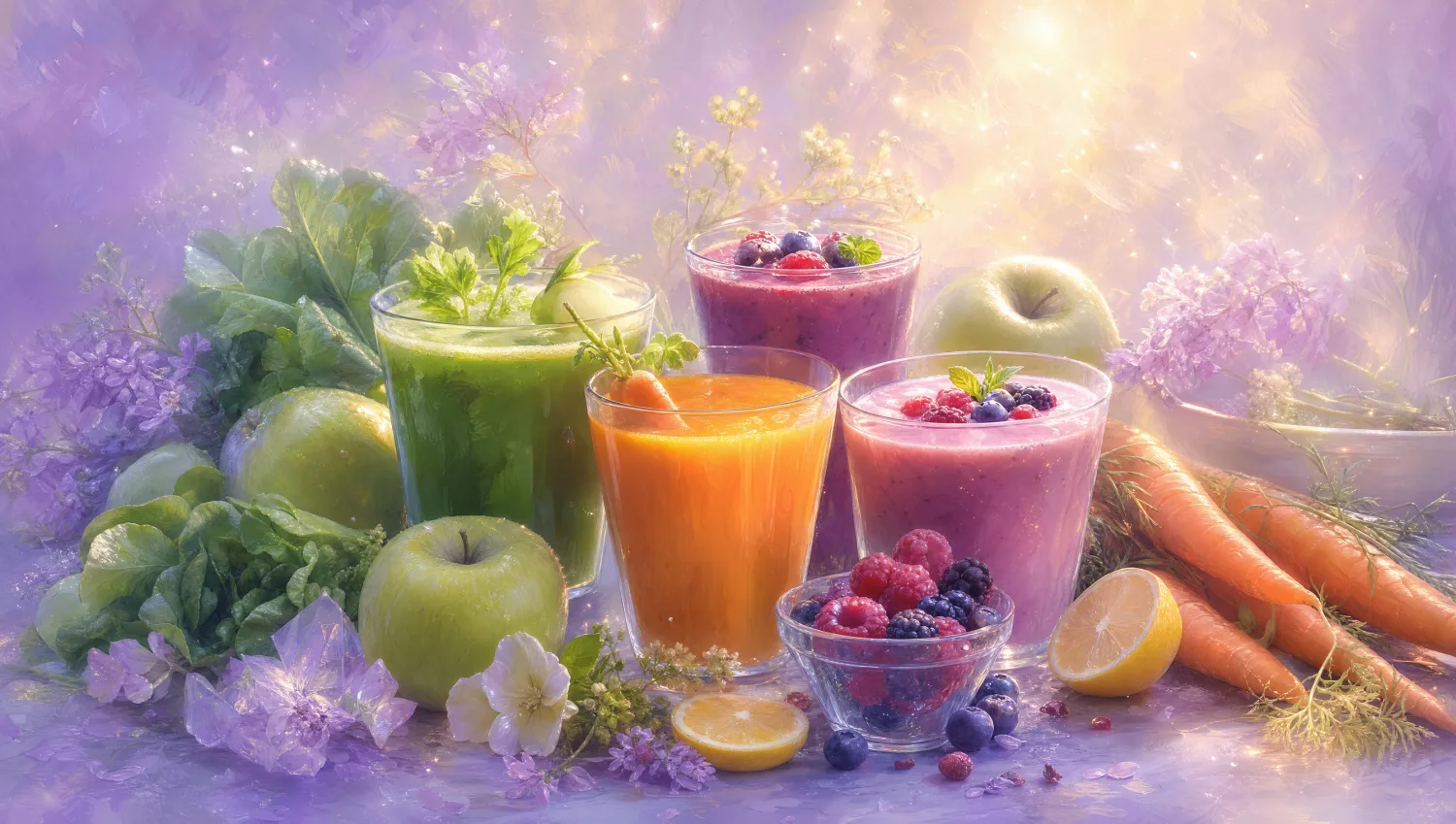 Jus et smoothies détox entourés de fruits et légumes frais